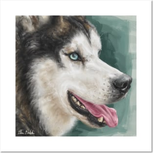 Gorgeous Siberian Husky Painting Contemporary Turquoise background Posters and Art